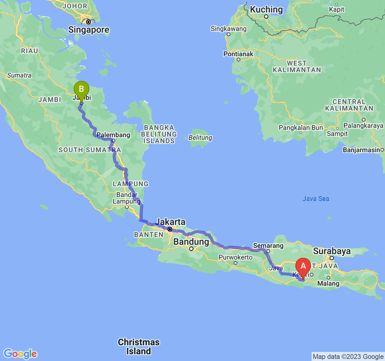 rute perjalanan Kab. Trenggalek-Kota Jambi