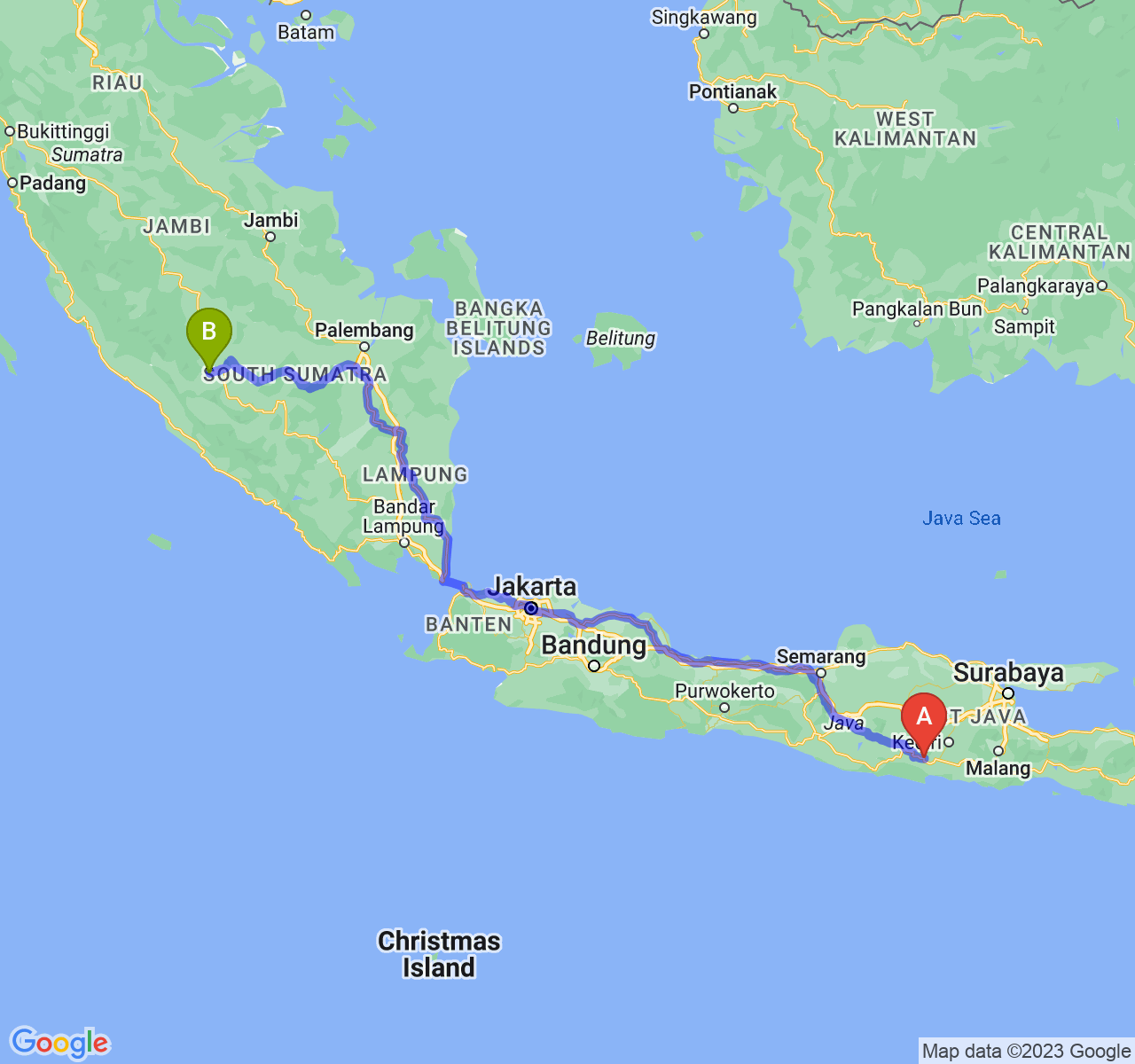 rute perjalanan Kab. Trenggalek-Kota Lubuk Linggau