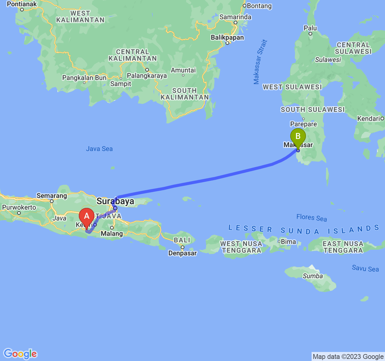 rute perjalanan Kab. Trenggalek-Kota Makassar