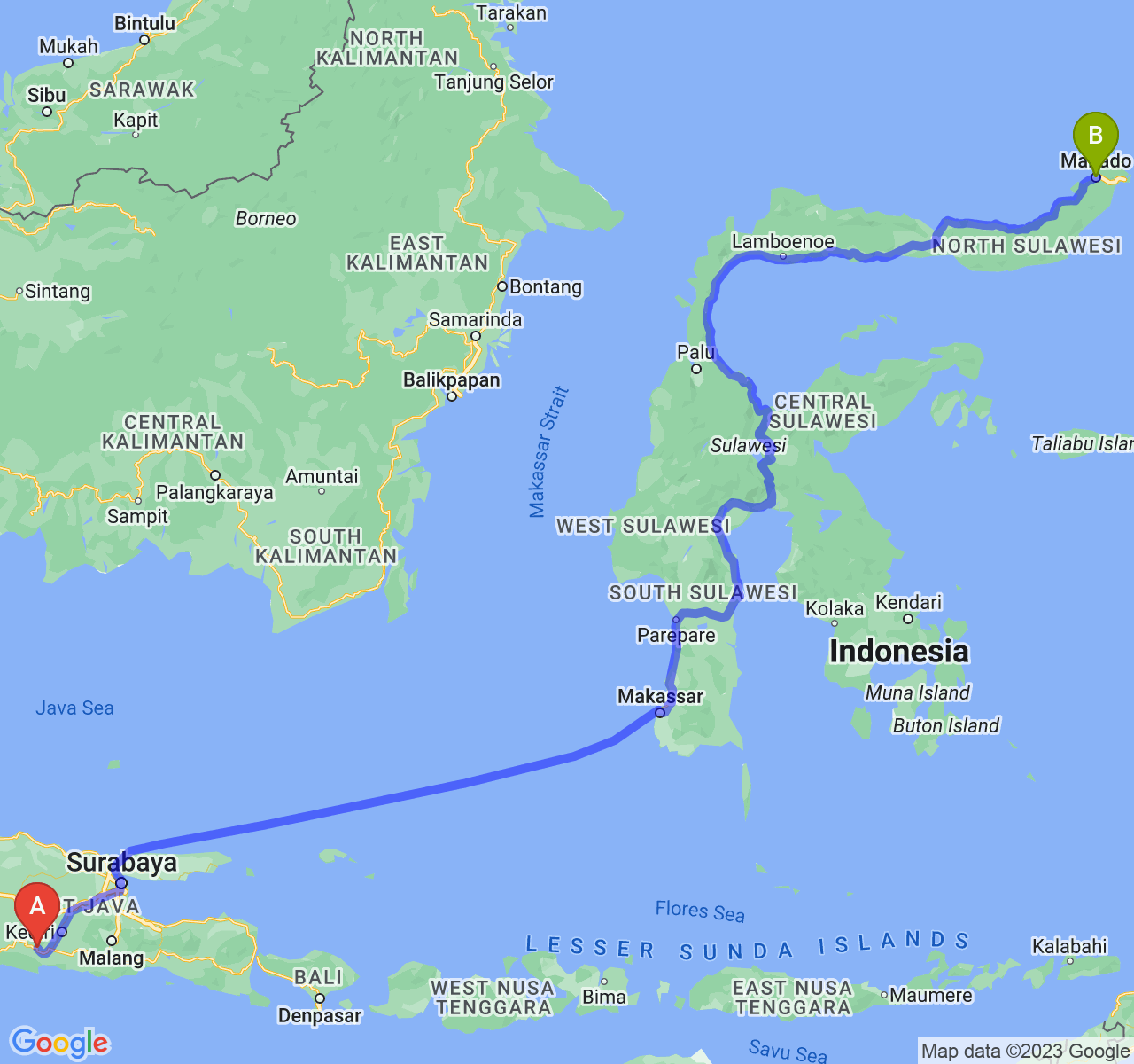 rute perjalanan Kab. Trenggalek-Kota Manado