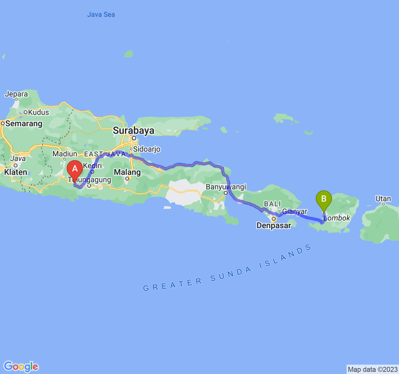 rute perjalanan Kab. Trenggalek-Kota Mataram
