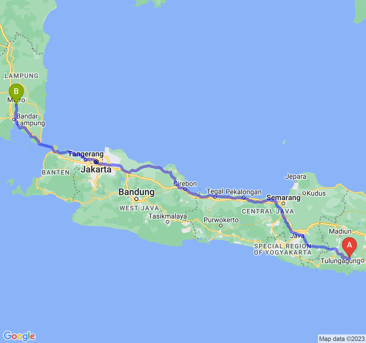 rute perjalanan Kab. Trenggalek-Kota Metro