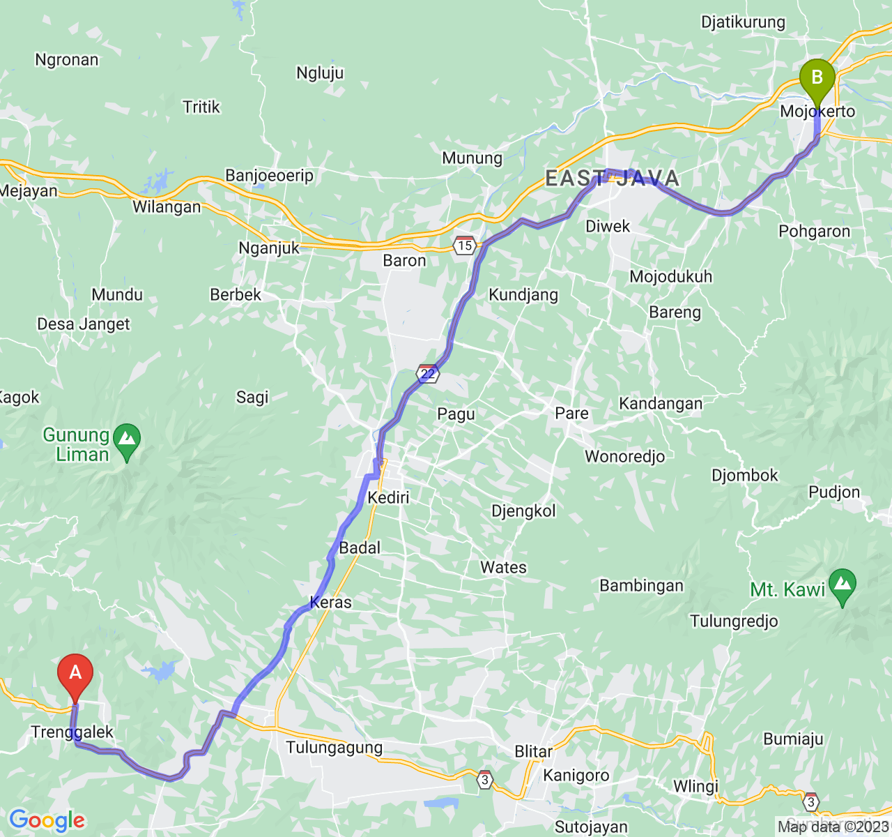 rute perjalanan Kab. Trenggalek-Kota Mojokerto