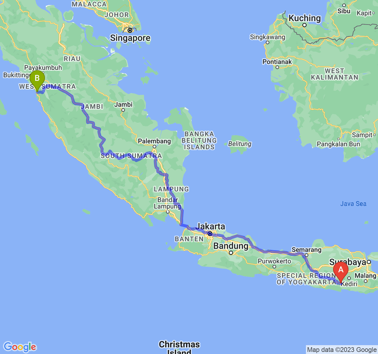 rute perjalanan Kab. Trenggalek-Kota Padang