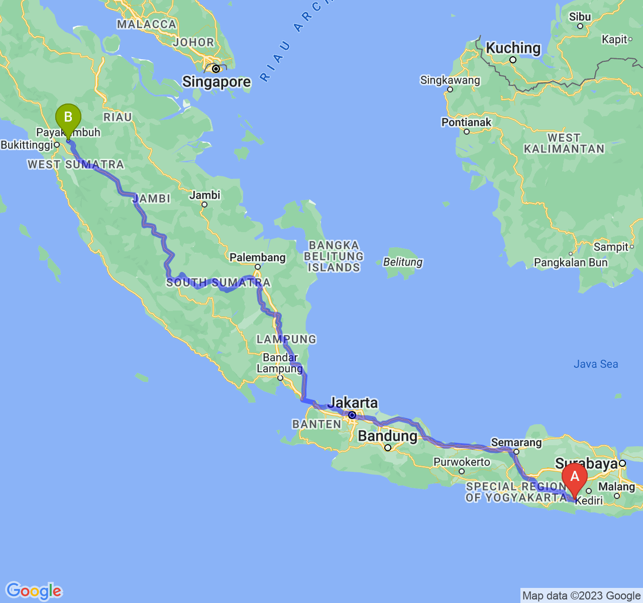 rute perjalanan Kab. Trenggalek-Kota Payakumbuh