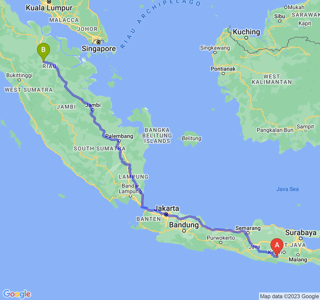 rute perjalanan Kab. Trenggalek-Kota Pekanbaru