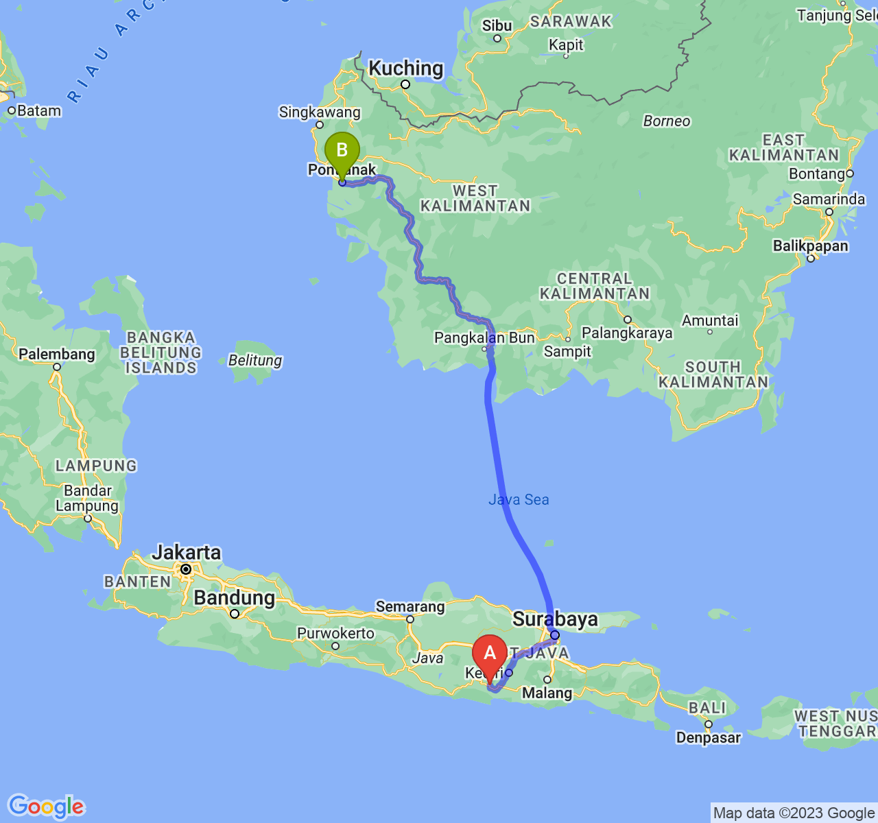 rute perjalanan Kab. Trenggalek-Kota Pontianak