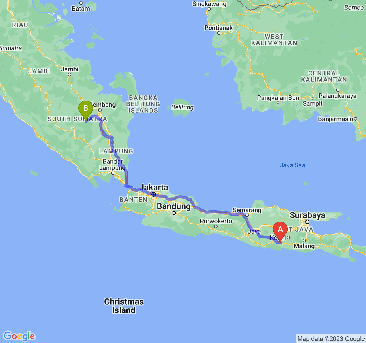 rute perjalanan Kab. Trenggalek-Kota Prabumulih