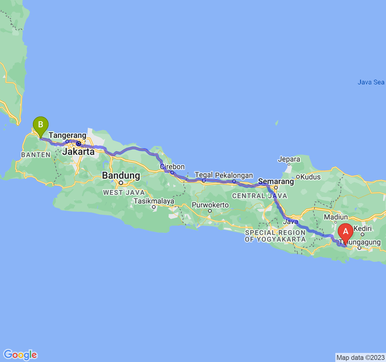 rute perjalanan Kab. Trenggalek-Kota Serang