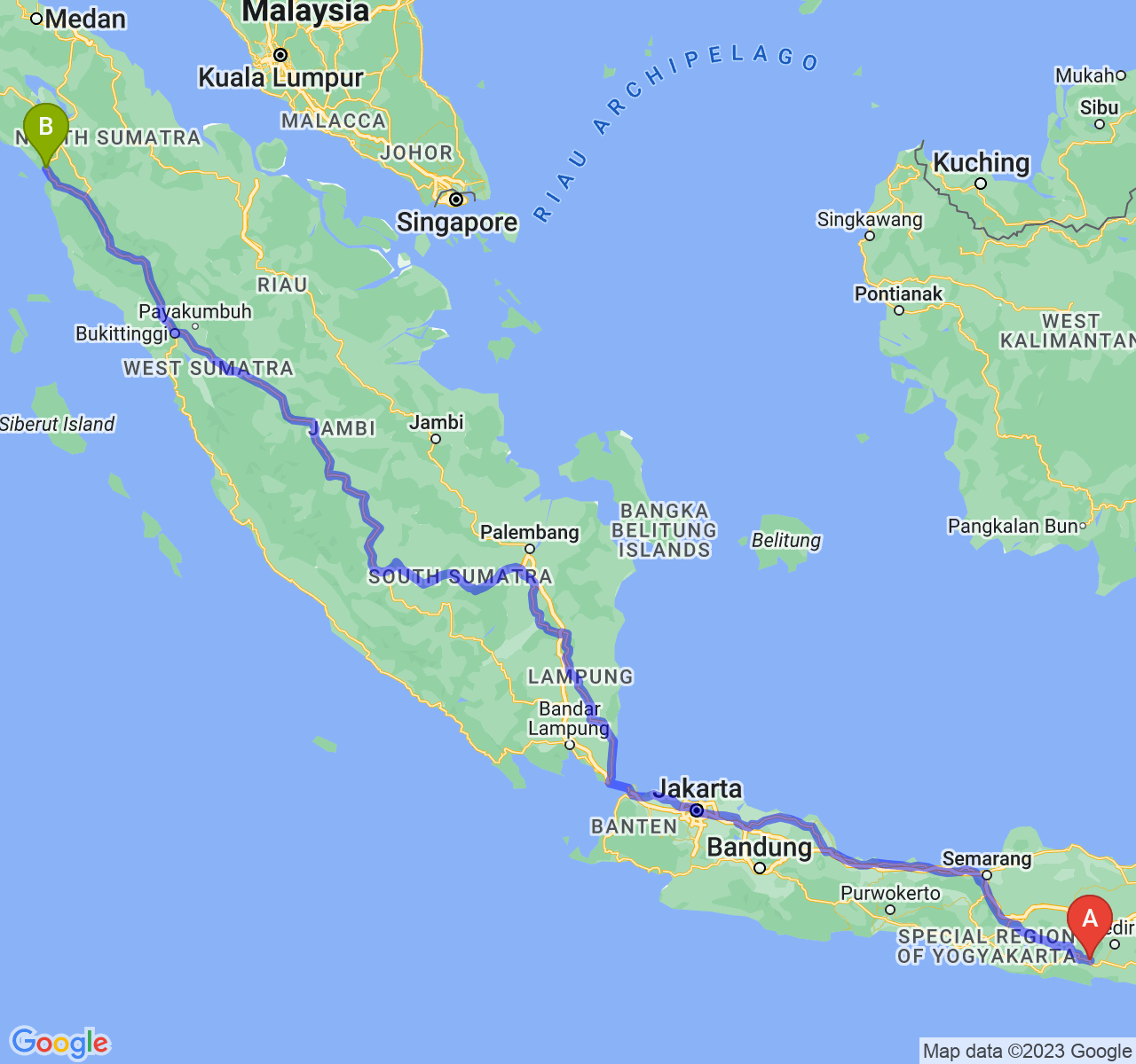 rute perjalanan Kab. Trenggalek-Kota Sibolga