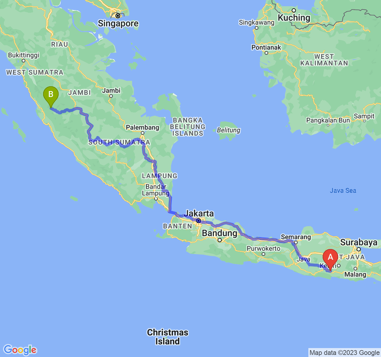 rute perjalanan Kab. Trenggalek-Kota Sungai Penuh