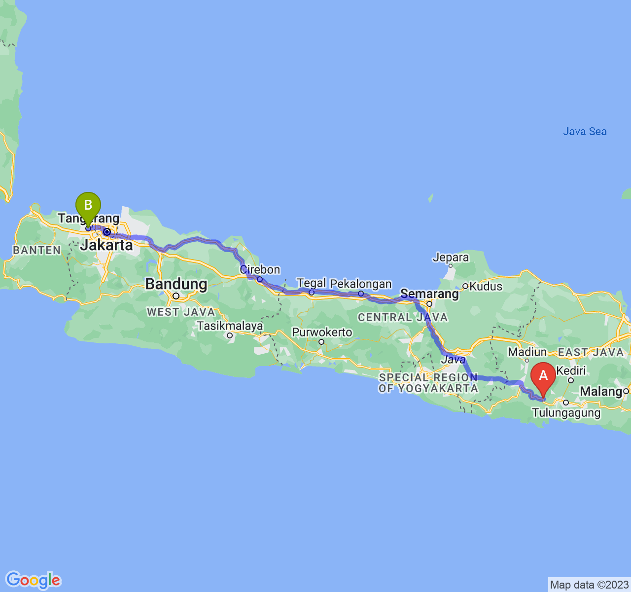 rute perjalanan Kab. Trenggalek-Kota Tangerang