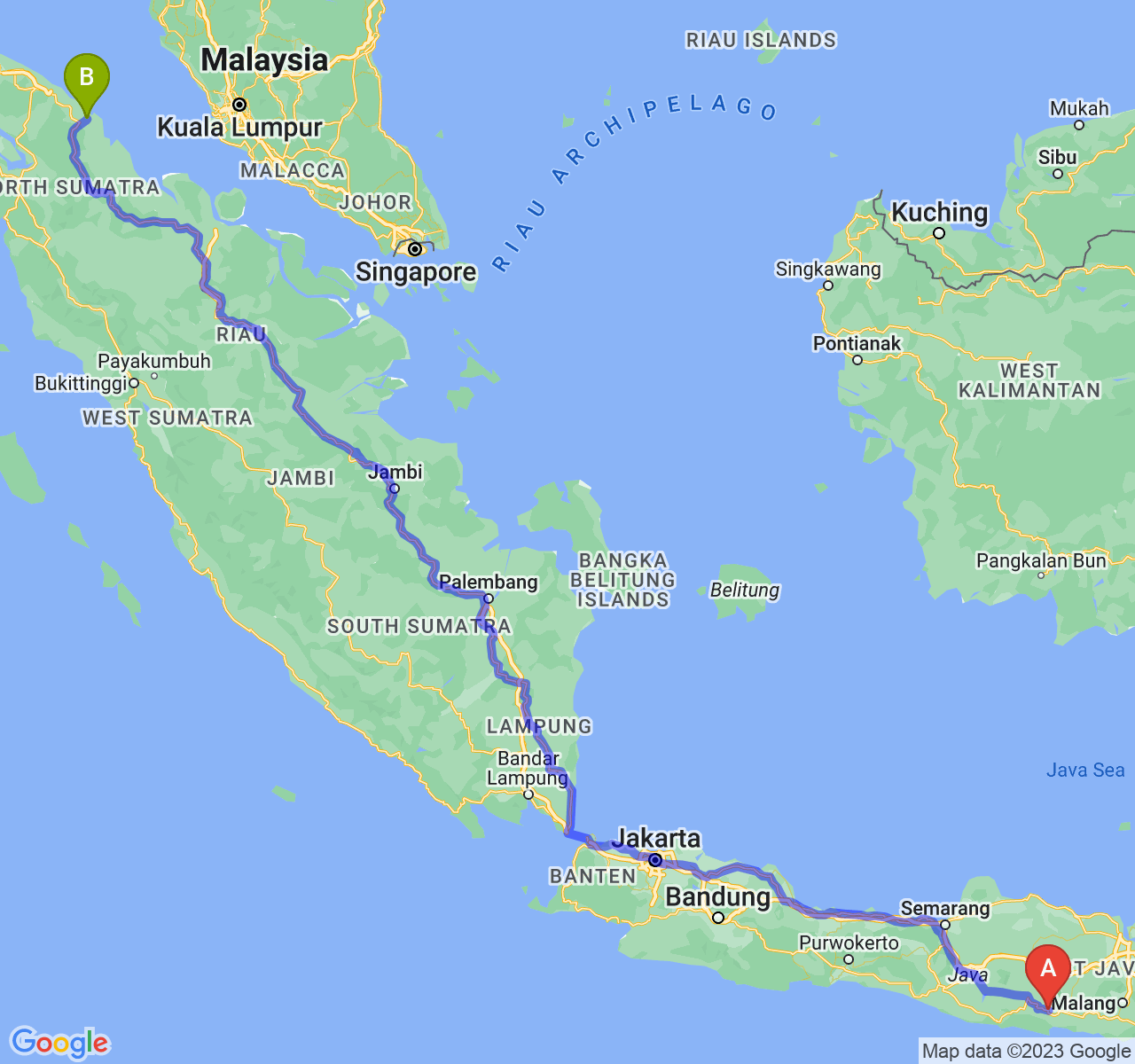 rute perjalanan Kab. Trenggalek-Kota Tanjung Balai