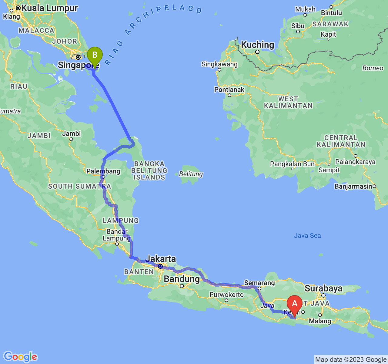 rute perjalanan Kab. Trenggalek-Kota Tanjungpinang