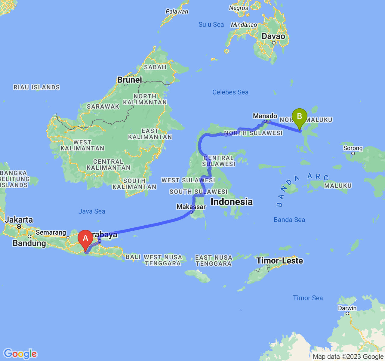 rute perjalanan Kab. Trenggalek-Kota Ternate