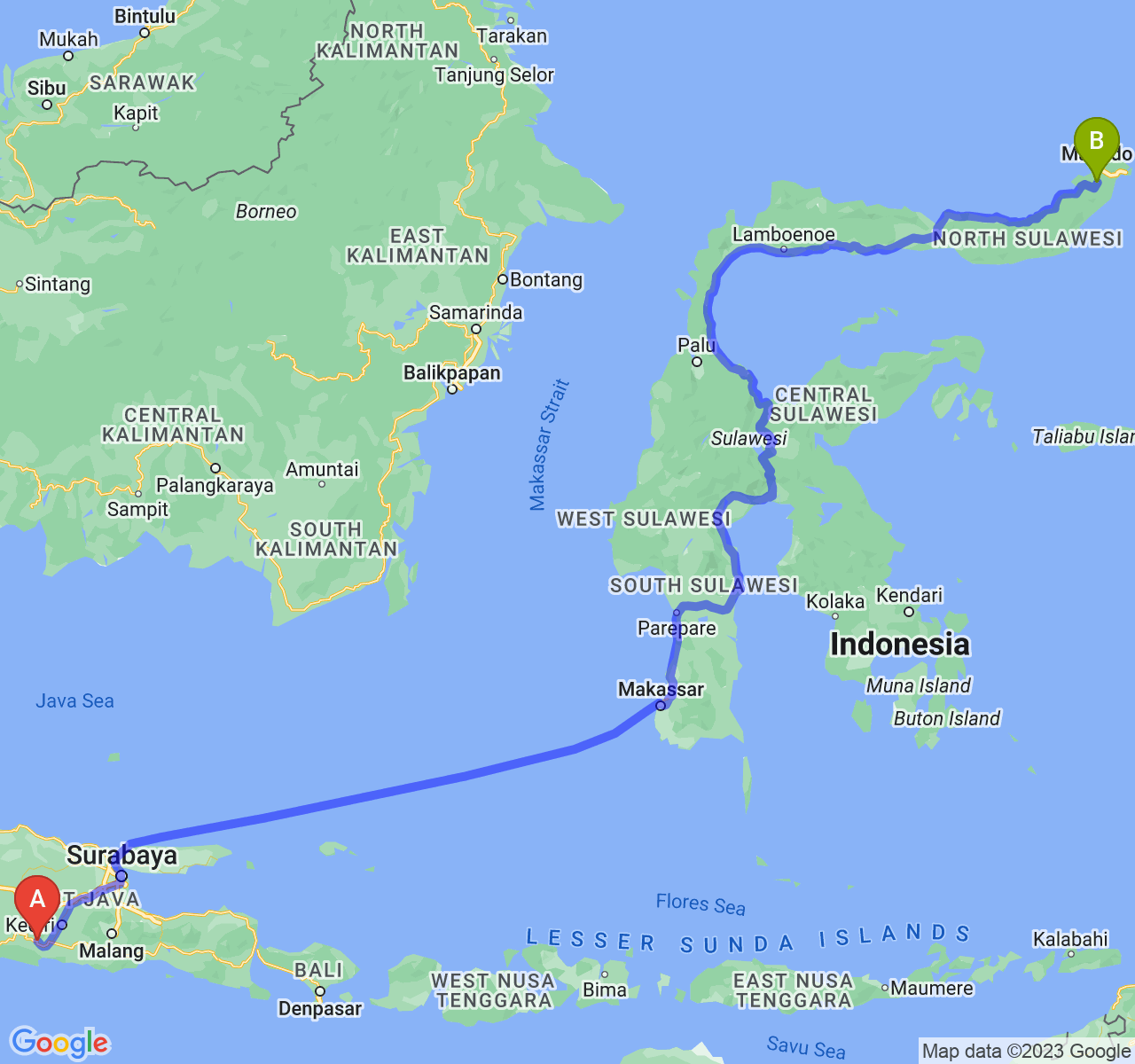 rute perjalanan Kab. Trenggalek-Kota Tomohon