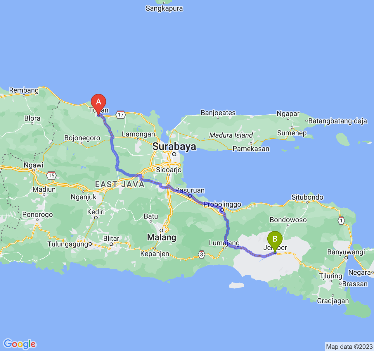 rute perjalanan Kab. Tuban-Kab. Jember