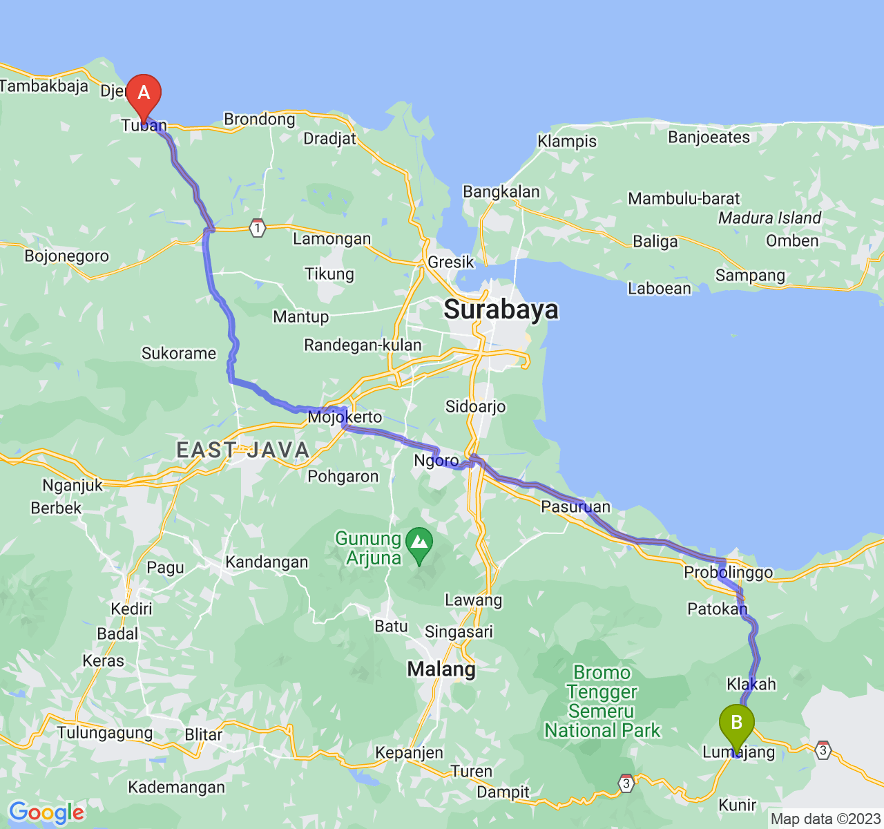 rute perjalanan Kab. Tuban-Kab. Lumajang