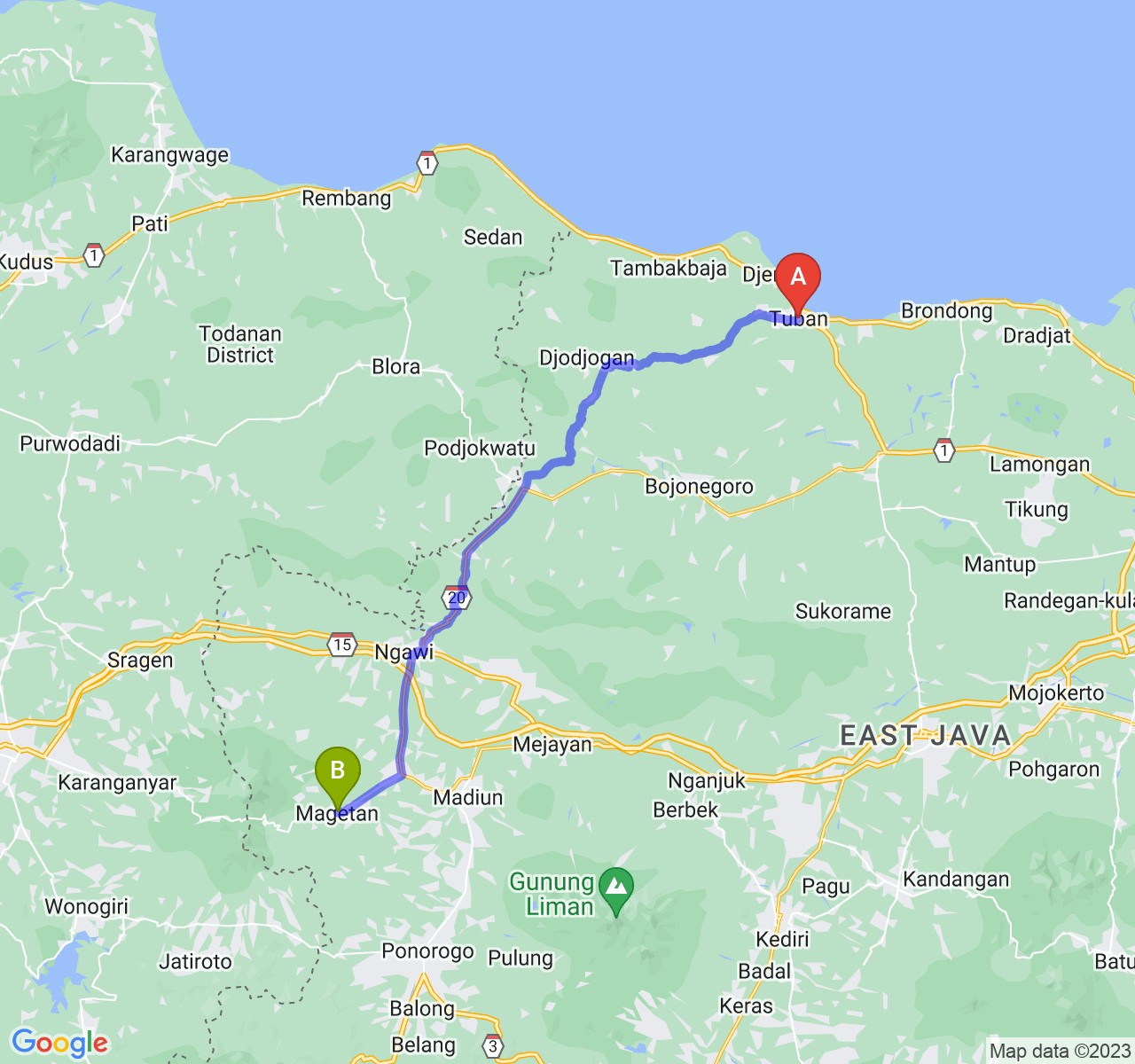 rute perjalanan Kab. Tuban-Kab. Magetan