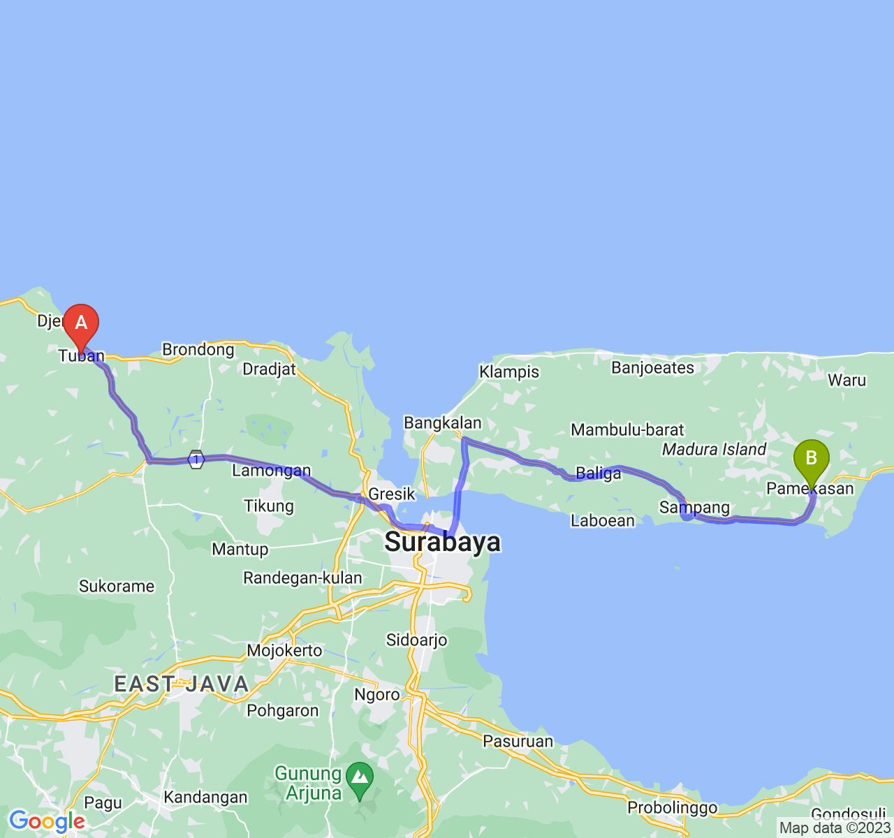 rute perjalanan Kab. Tuban-Kab. Pamekasan