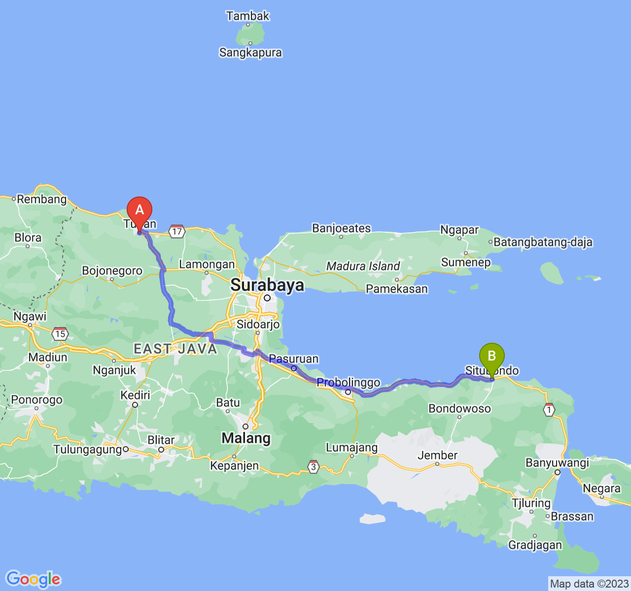 rute perjalanan Kab. Tuban-Kab. Situbondo