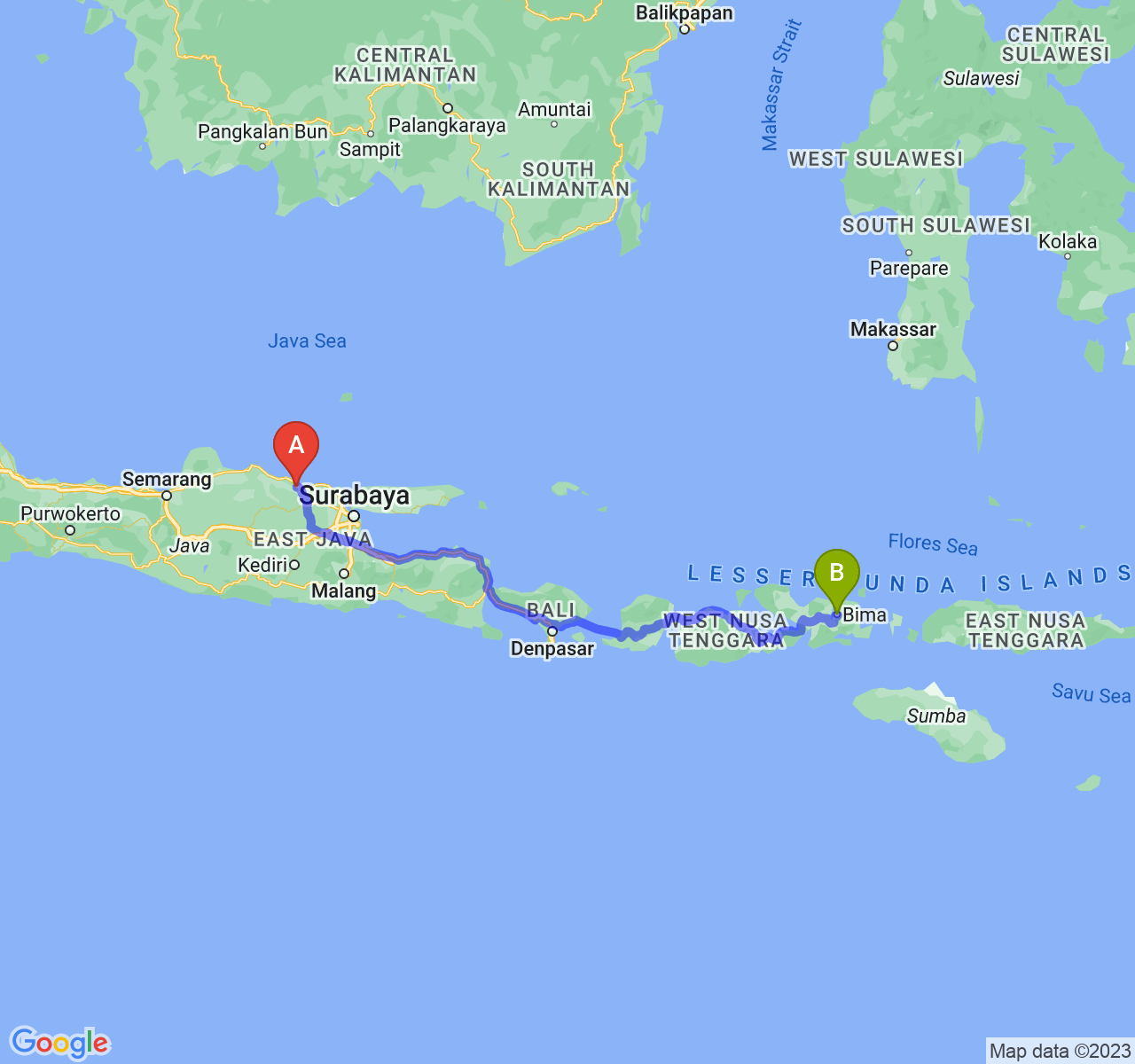 rute perjalanan Kab. Tuban-Kota Bima