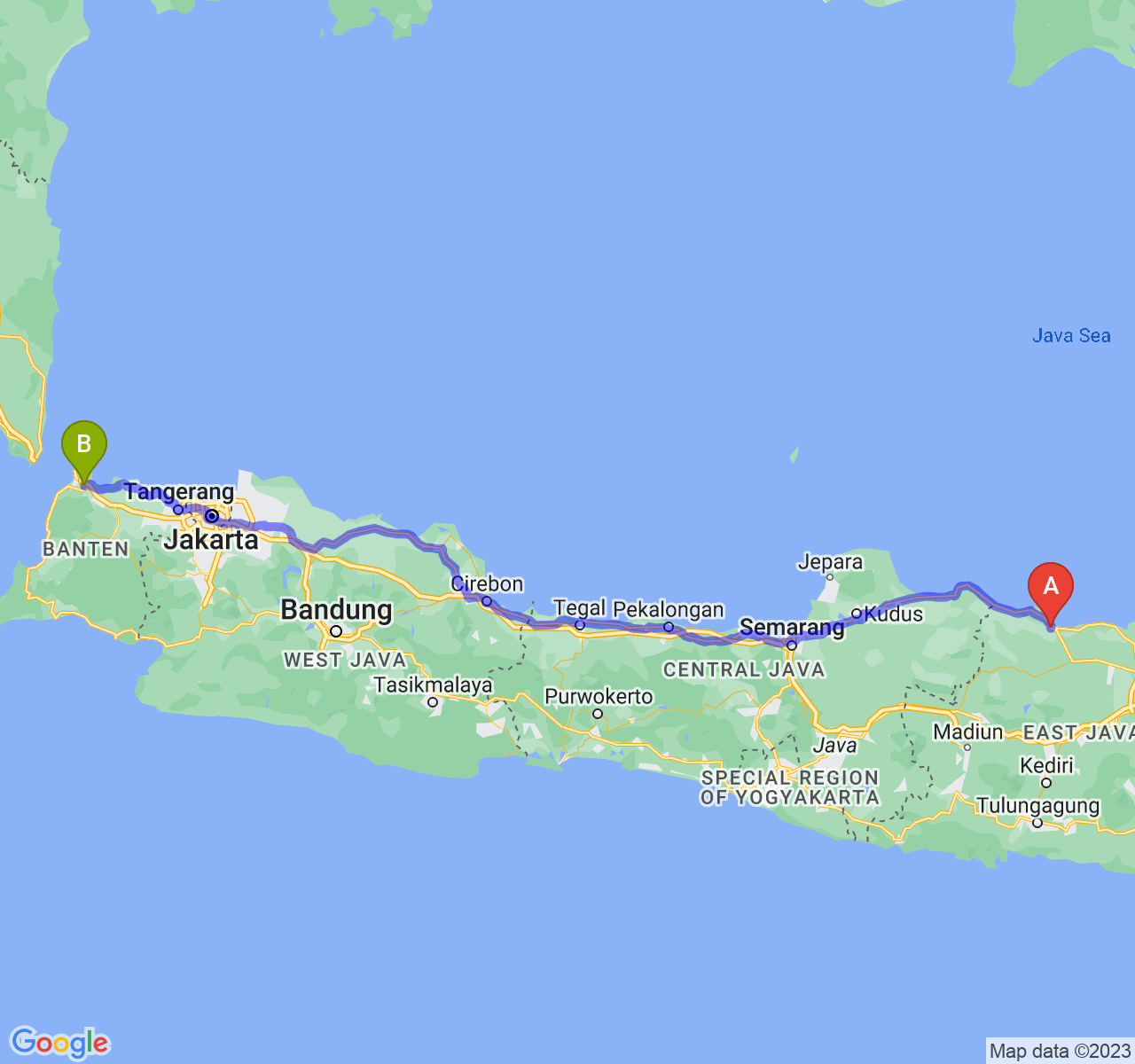 rute perjalanan Kab. Tuban-Kota Cilegon