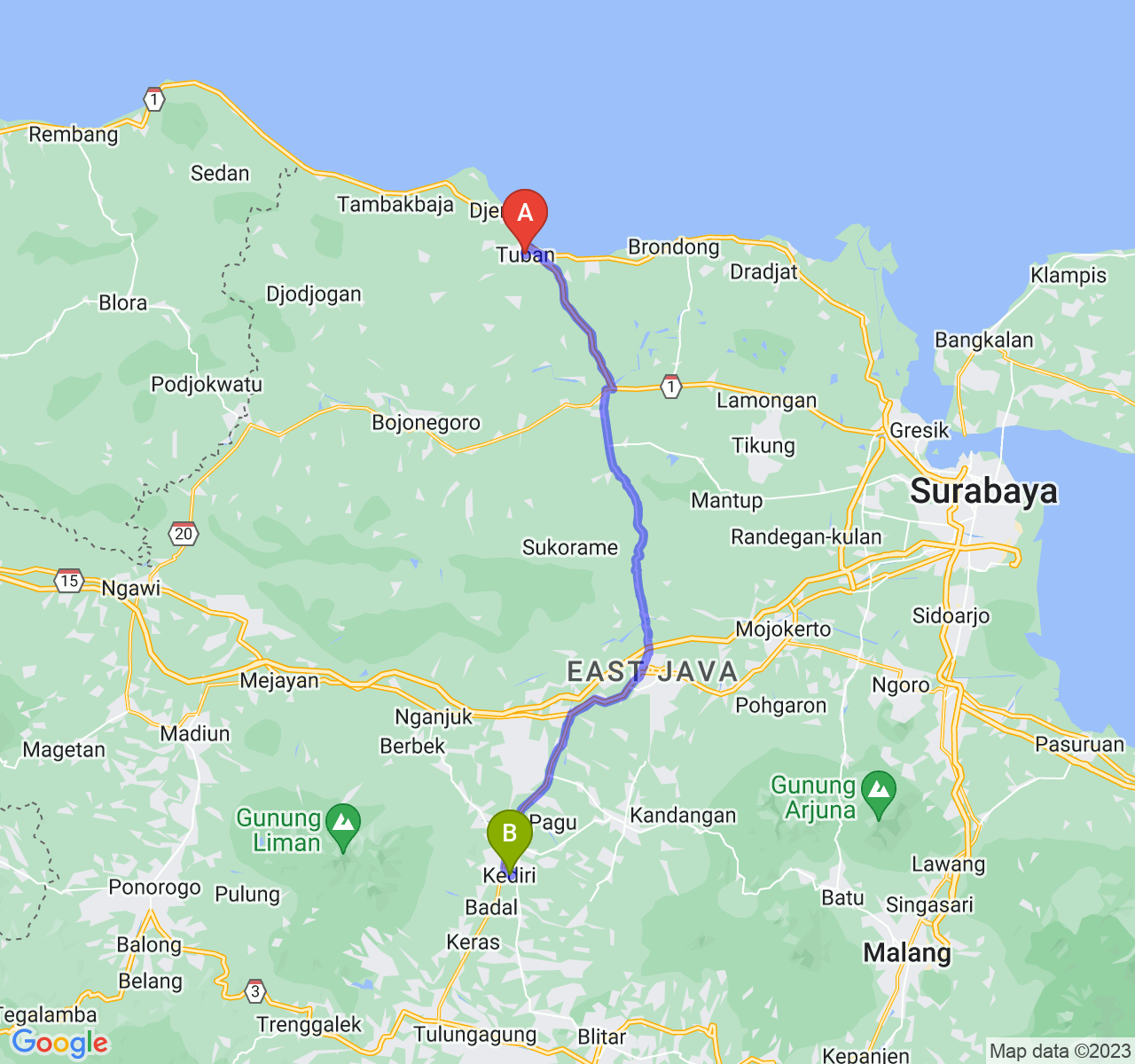 rute perjalanan Kab. Tuban-Kota Kediri