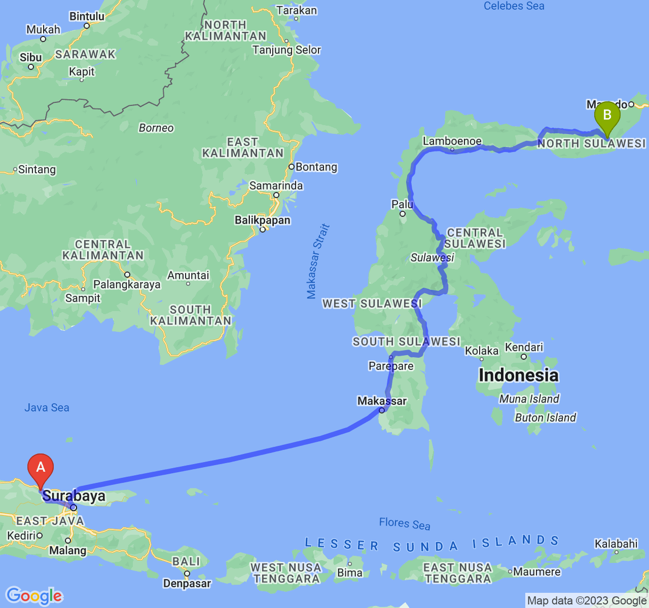 rute perjalanan Kab. Tuban-Kota Kotamobagu