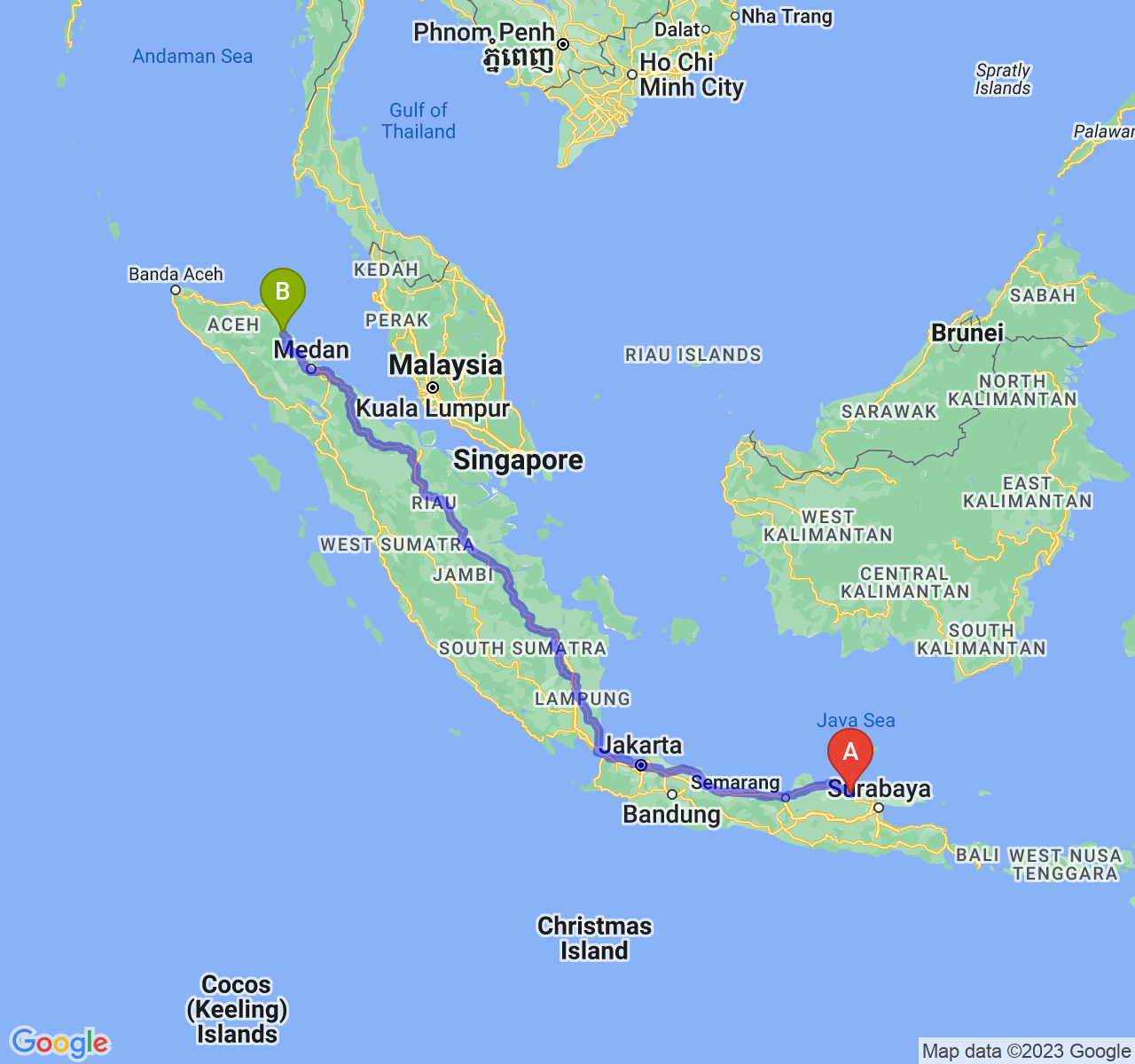 rute perjalanan Kab. Tuban-Kota Langsa