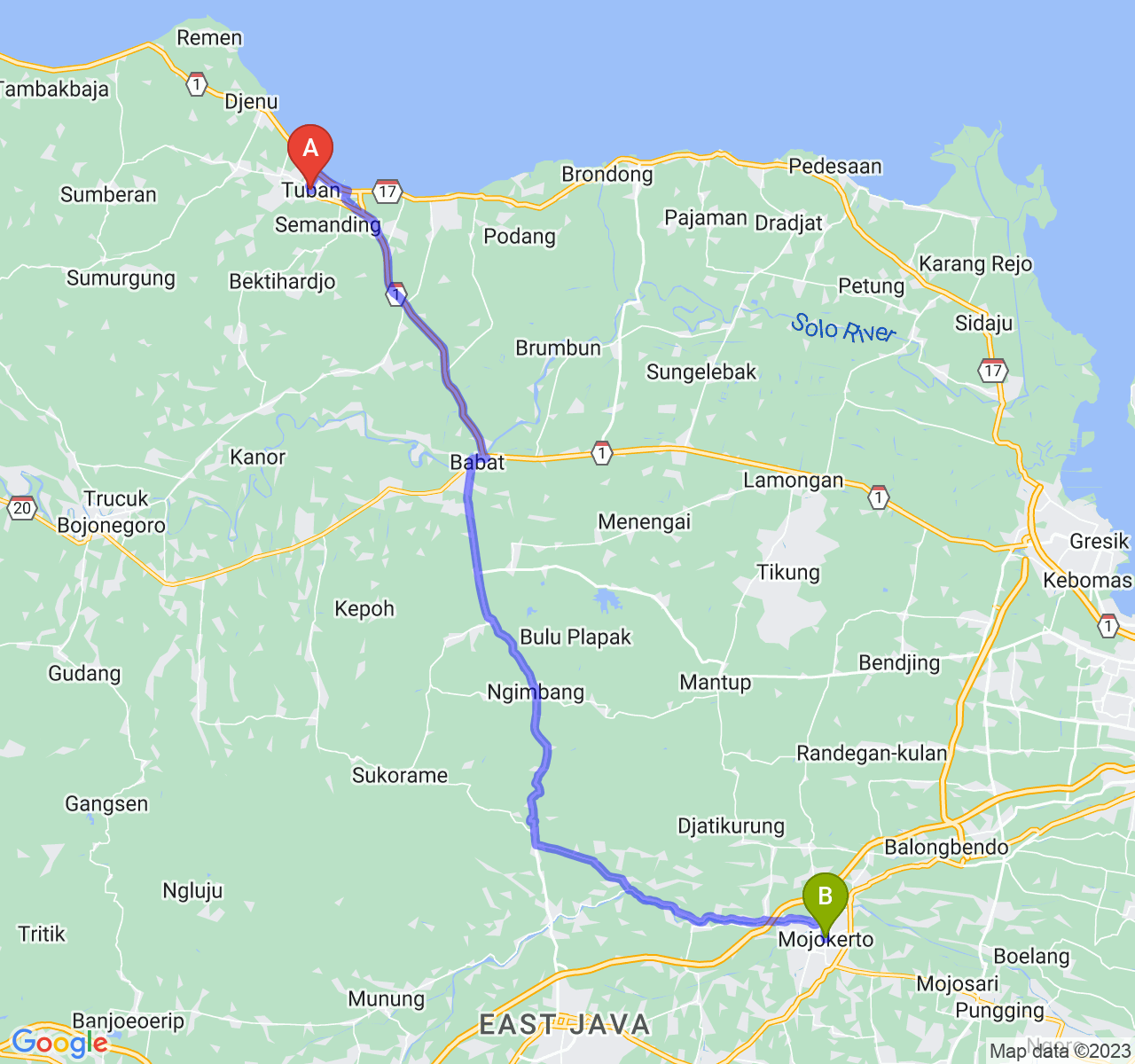 rute perjalanan Kab. Tuban-Kota Mojokerto