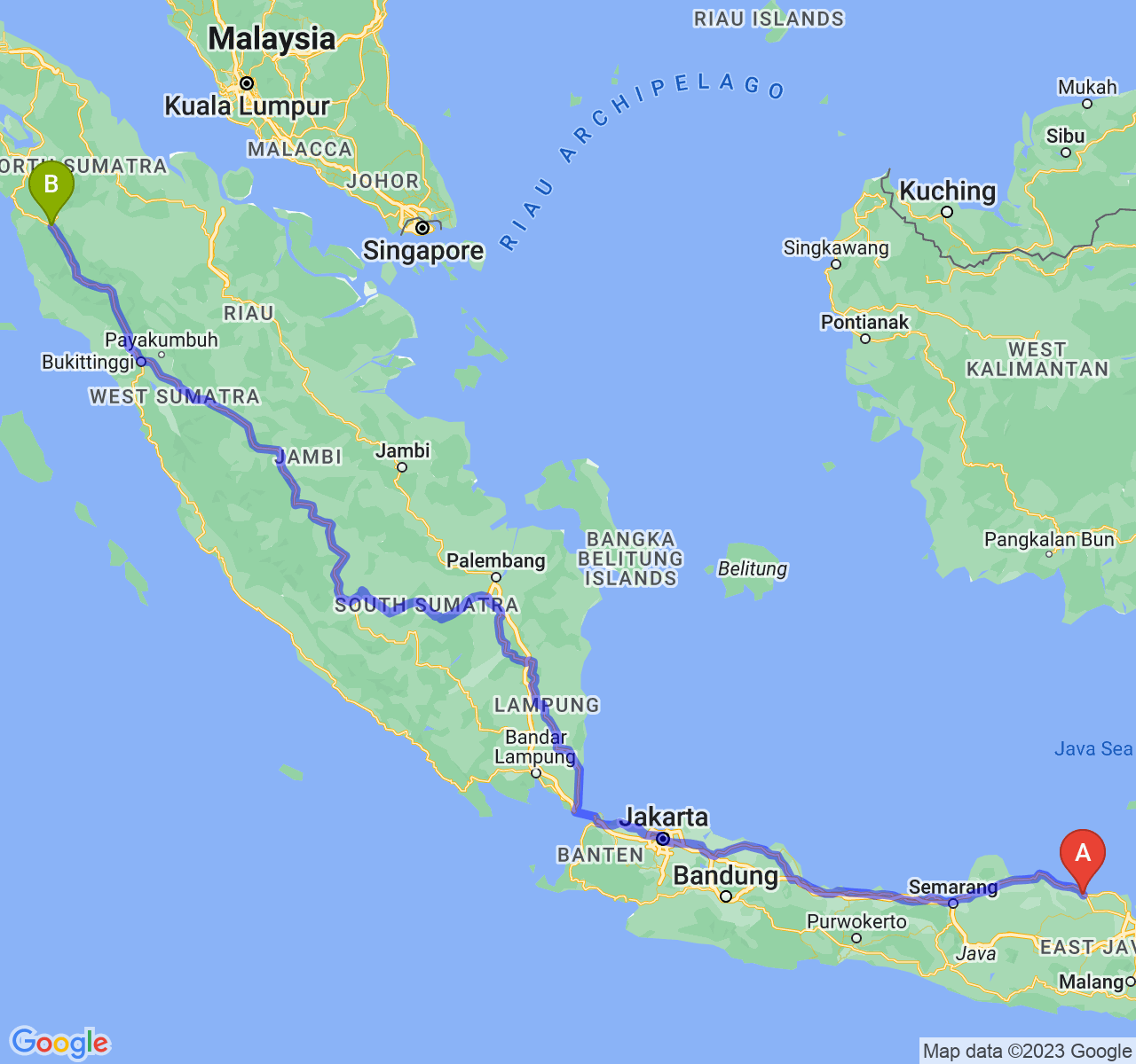 rute perjalanan Kab. Tuban-Kota Padang Sidimpuan