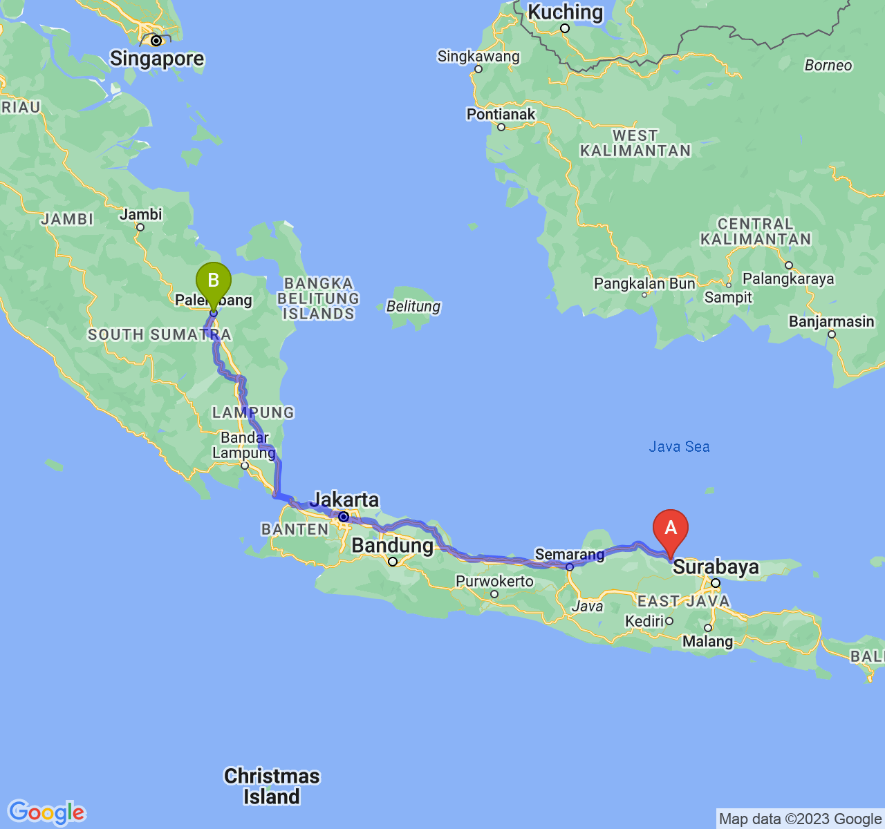 rute perjalanan Kab. Tuban-Kota Palembang