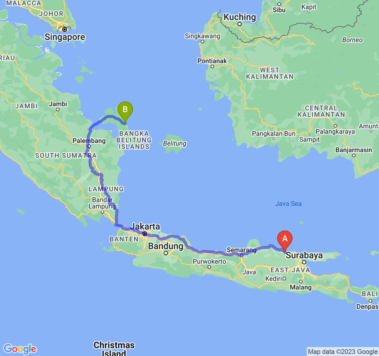 rute perjalanan Kab. Tuban-Kota Pangkalpinang