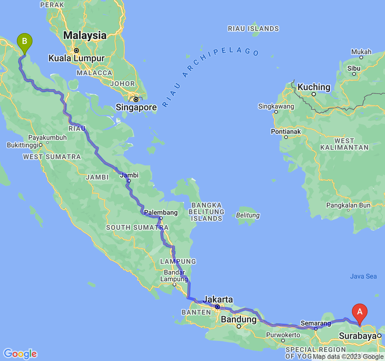 rute perjalanan Kab. Tuban-Kota Tanjung Balai