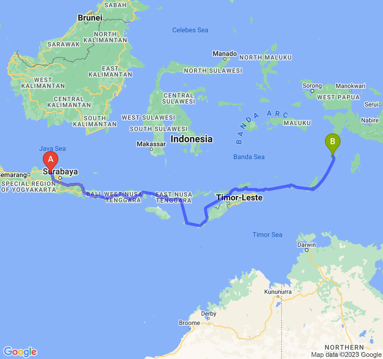 rute perjalanan Kab. Tuban-Kota Tual