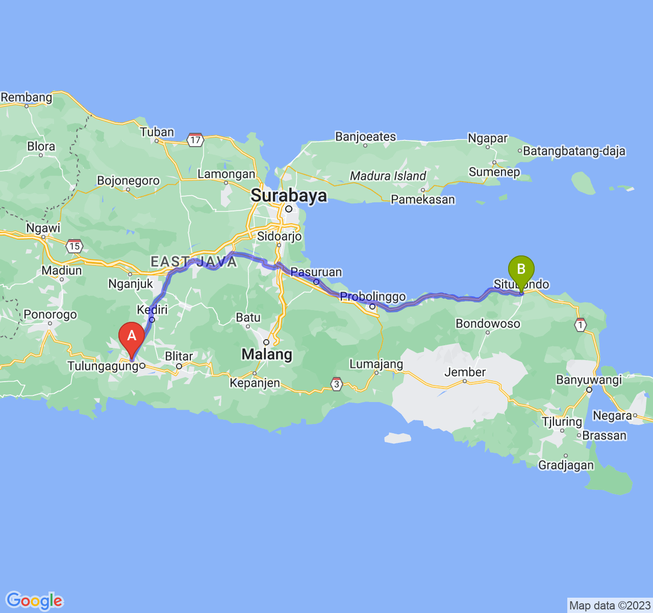 rute perjalanan Kab. Tulungagung-Kab. Situbondo