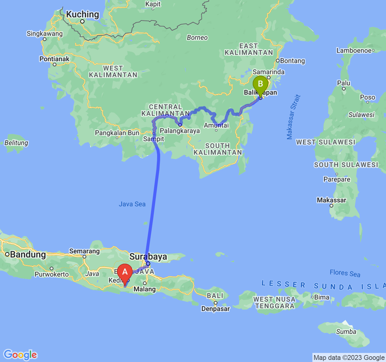 rute perjalanan Kab. Tulungagung-Kota Balikpapan