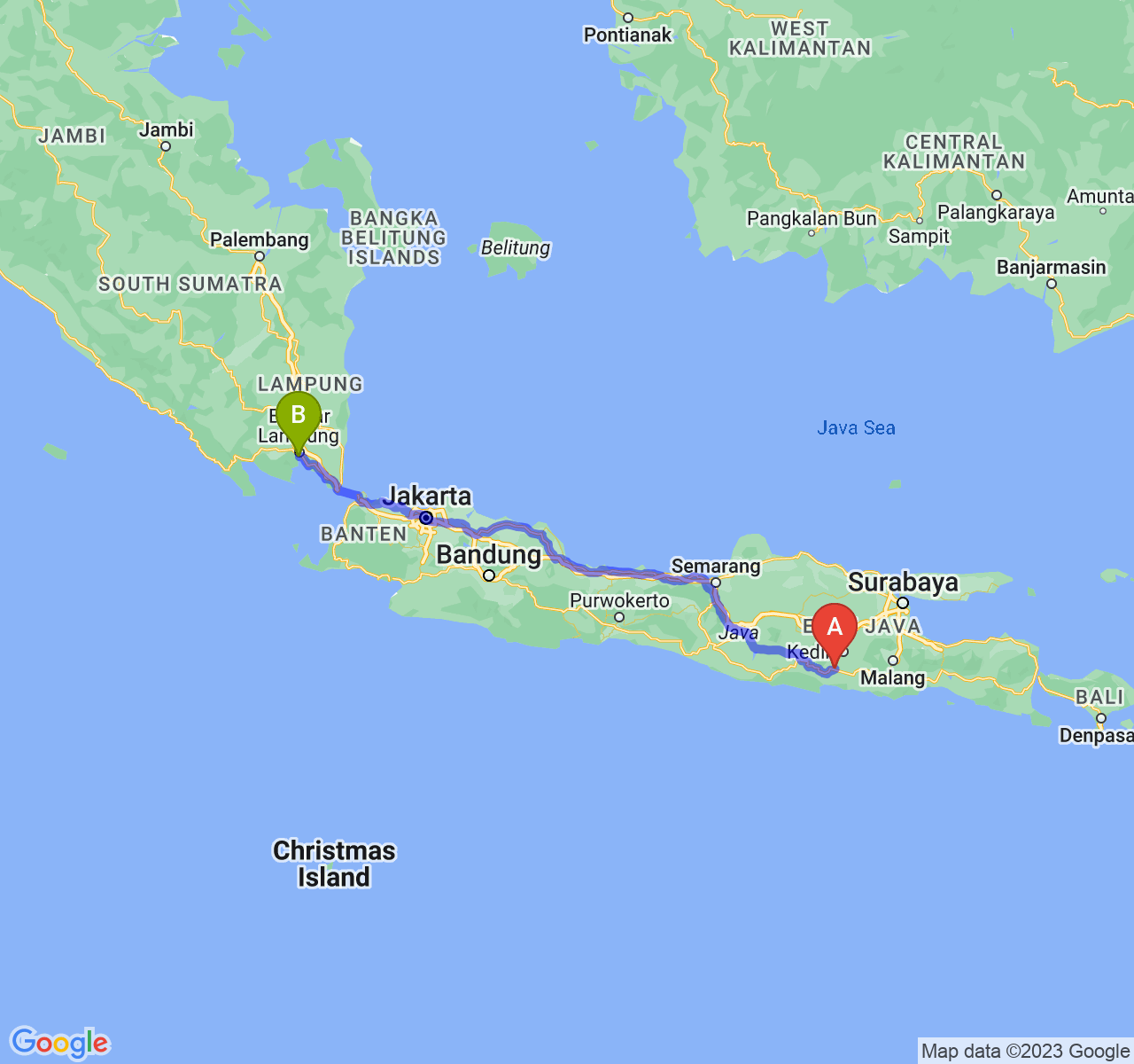 rute perjalanan Kab. Tulungagung-Kota Bandar Lampung