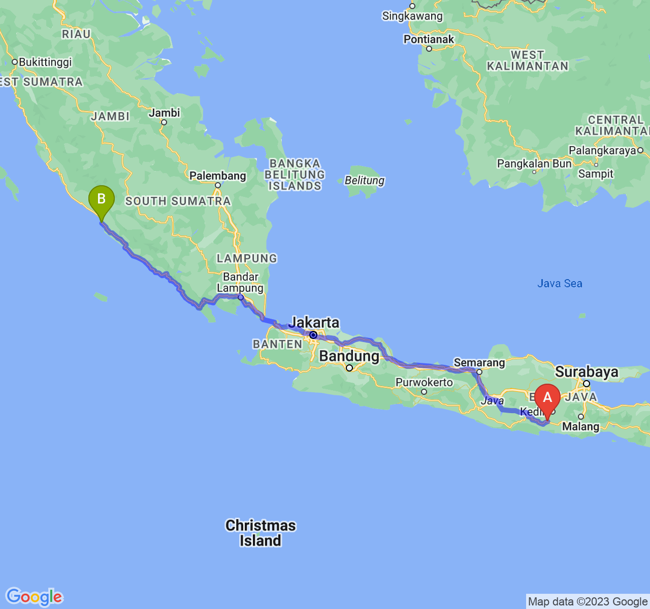 rute perjalanan Kab. Tulungagung-Kota Bengkulu