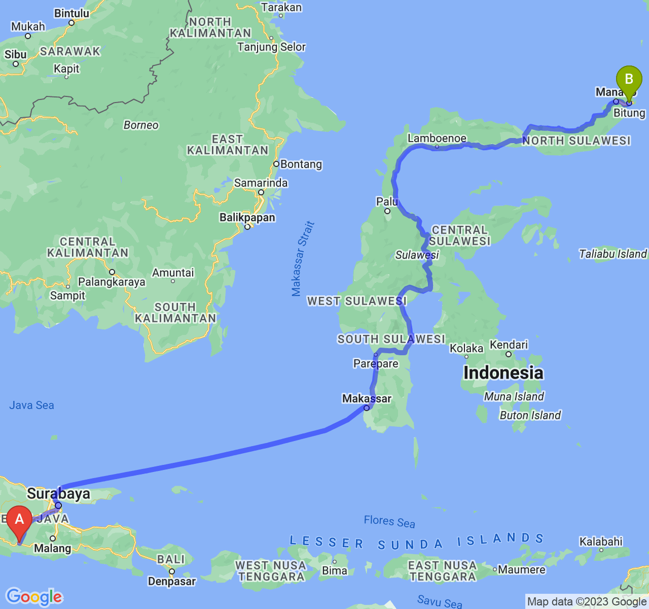 rute perjalanan Kab. Tulungagung-Kota Bitung