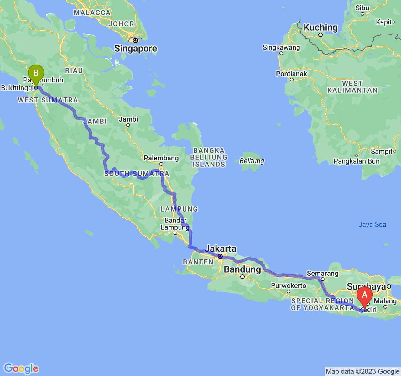 rute perjalanan Kab. Tulungagung-Kota Bukittinggi