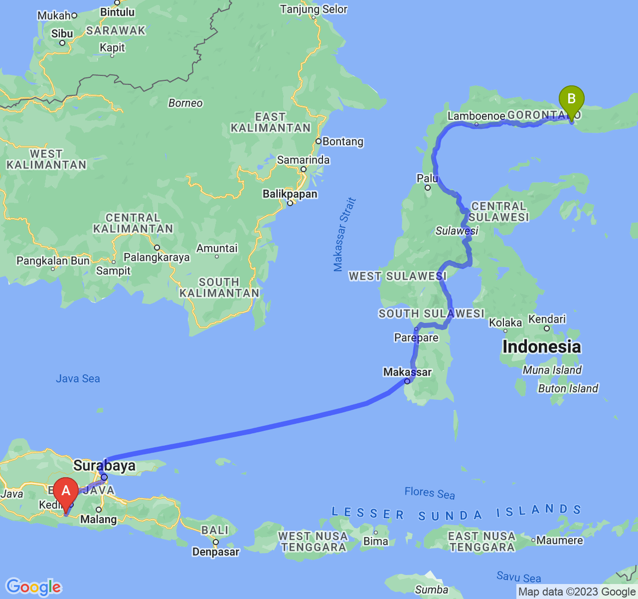 rute perjalanan Kab. Tulungagung-Kota Gorontalo