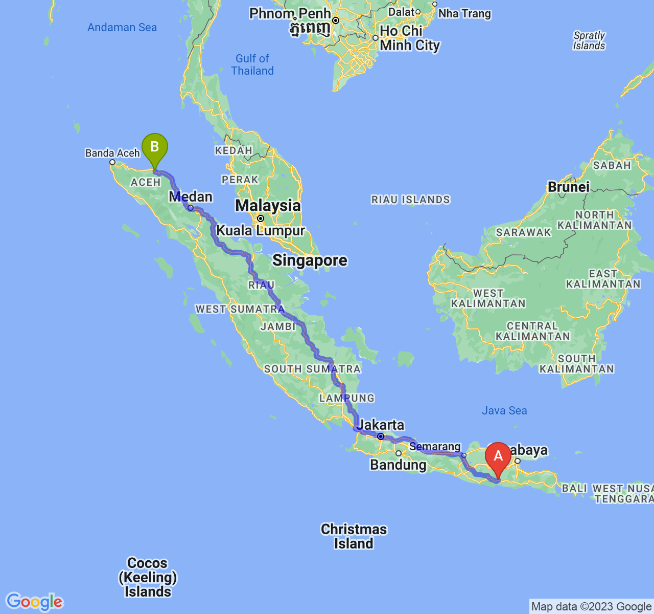 rute perjalanan Kab. Tulungagung-Kota Lhokseumawe