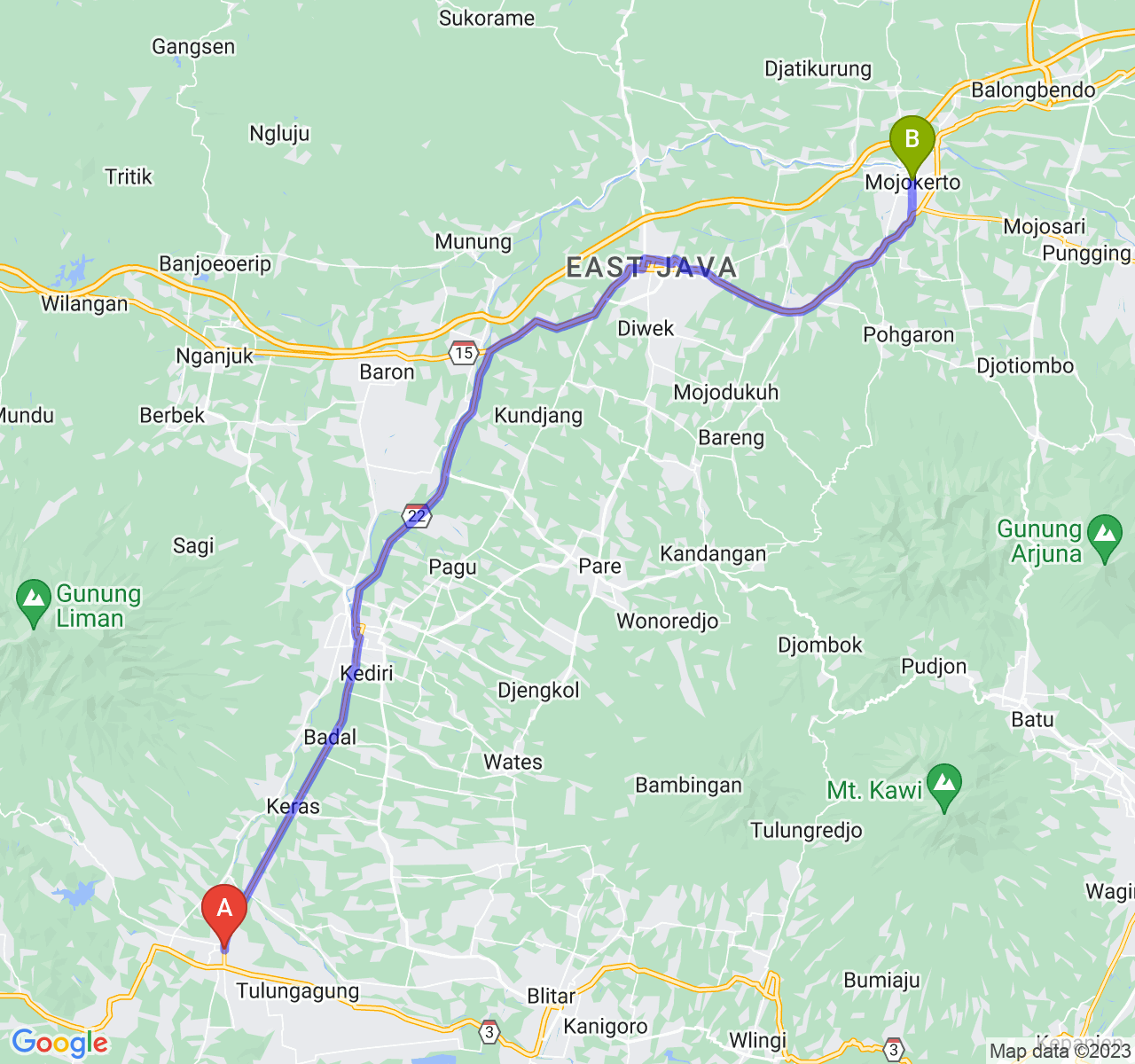 rute perjalanan Kab. Tulungagung-Kota Mojokerto