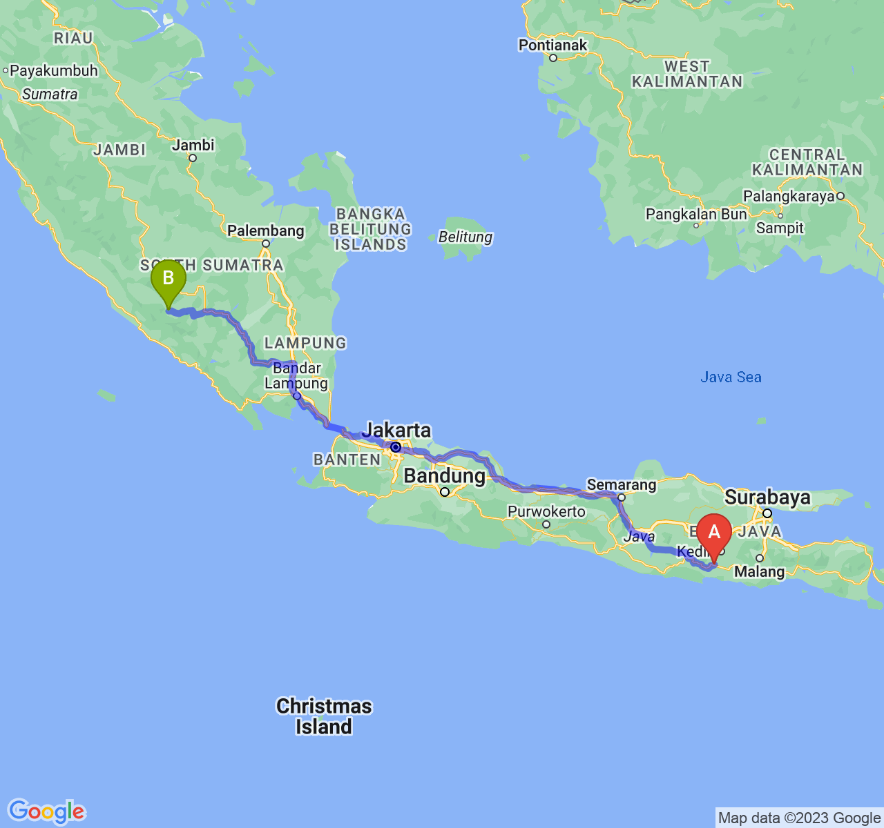 rute perjalanan Kab. Tulungagung-Kota Pagar Alam