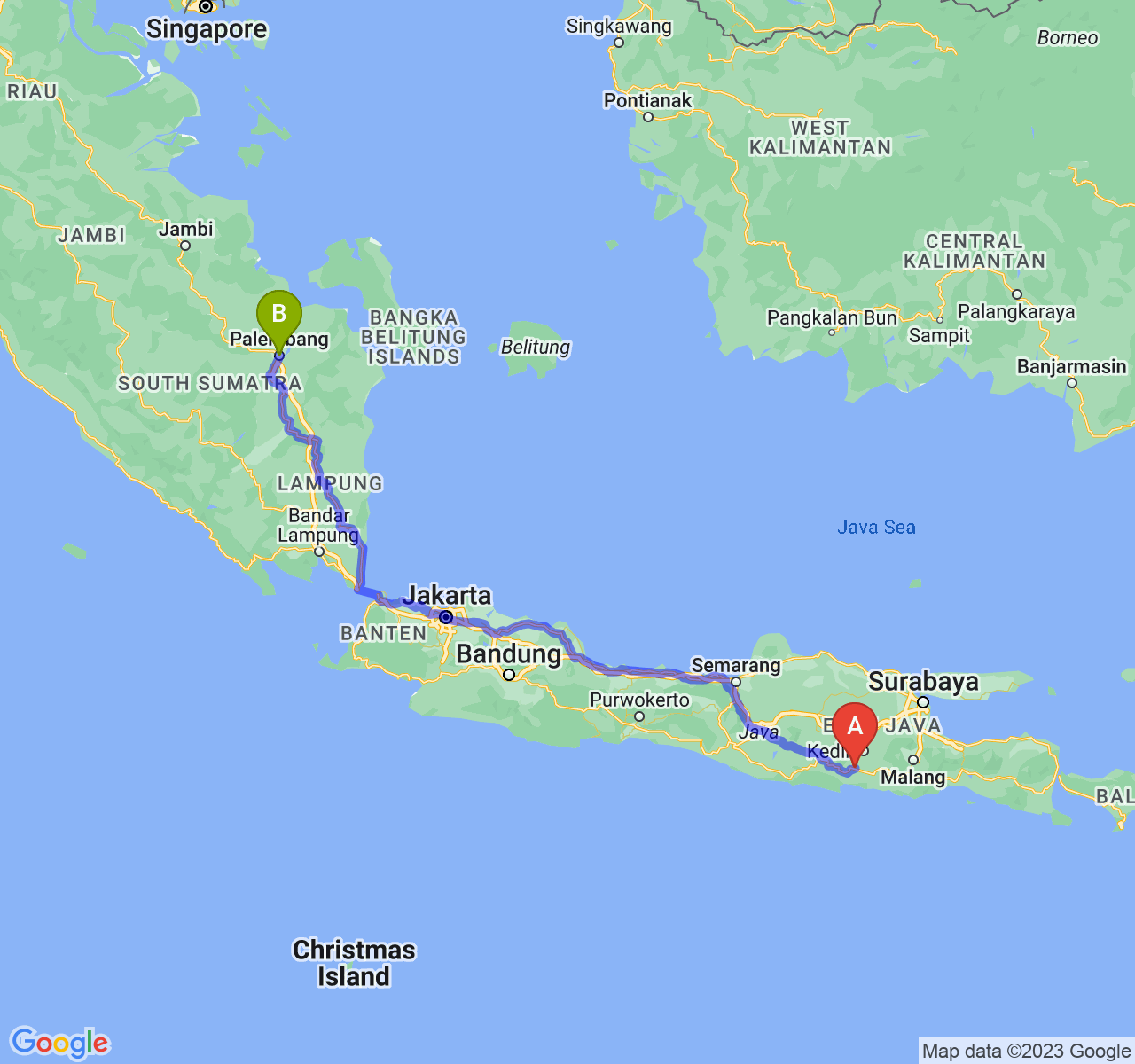 rute perjalanan Kab. Tulungagung-Kota Palembang