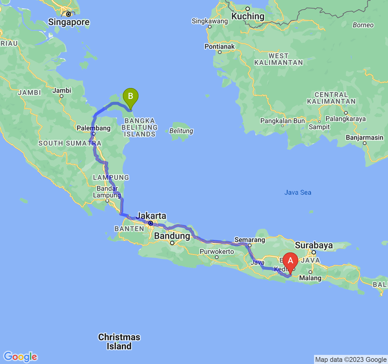 rute perjalanan Kab. Tulungagung-Kota Pangkalpinang