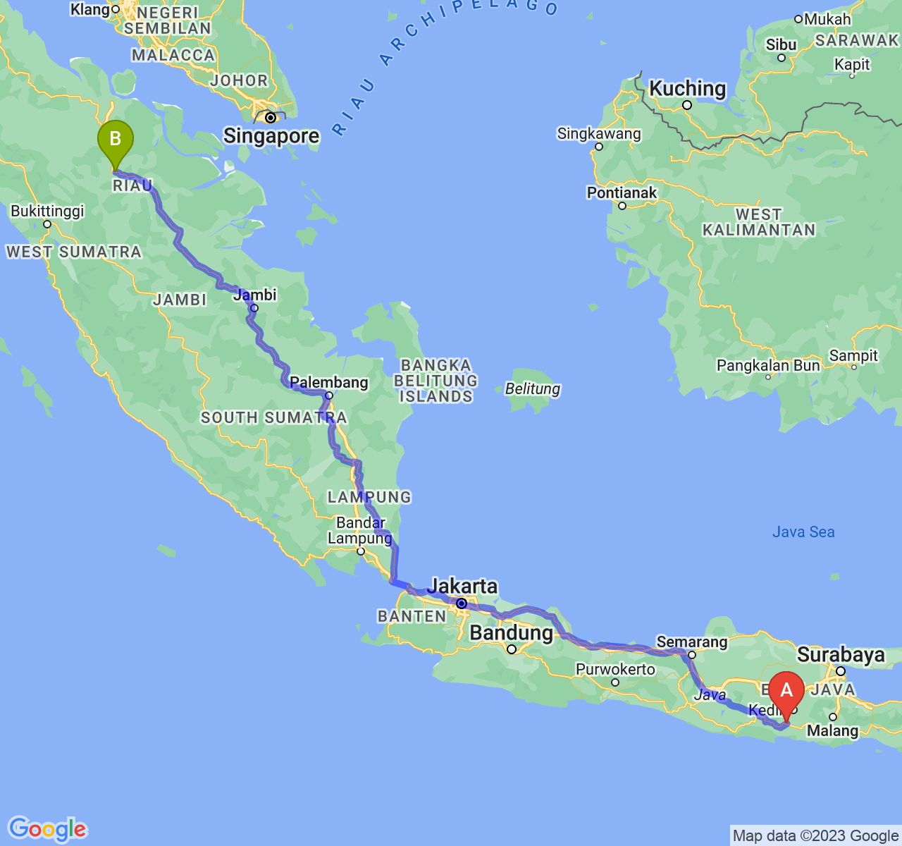 rute perjalanan Kab. Tulungagung-Kota Pekanbaru