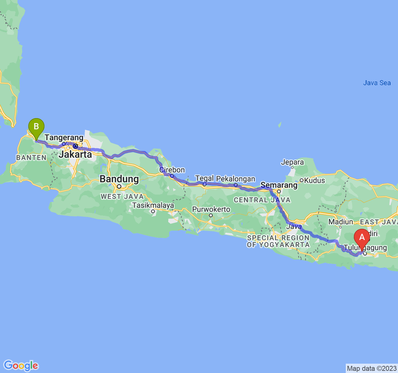 rute perjalanan Kab. Tulungagung-Kota Serang